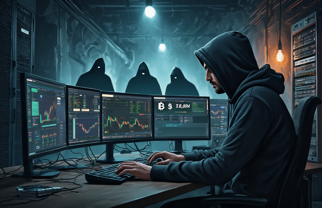 Create a realistic image of a South Asian male scammer in a dark hoodie sitting at a computer desk with multiple monitors showing cryptocurrency trading platforms and bank account interfaces, while in the background there are shadowy figures representing other cybercriminals, with dramatic lighting creating an ominous atmosphere in what appears to be an underground operation room with servers and electronic equipment, emphasizing the deceptive and hidden nature of P2P crypto fraud schemes, absolutely NO text should be in the scene.