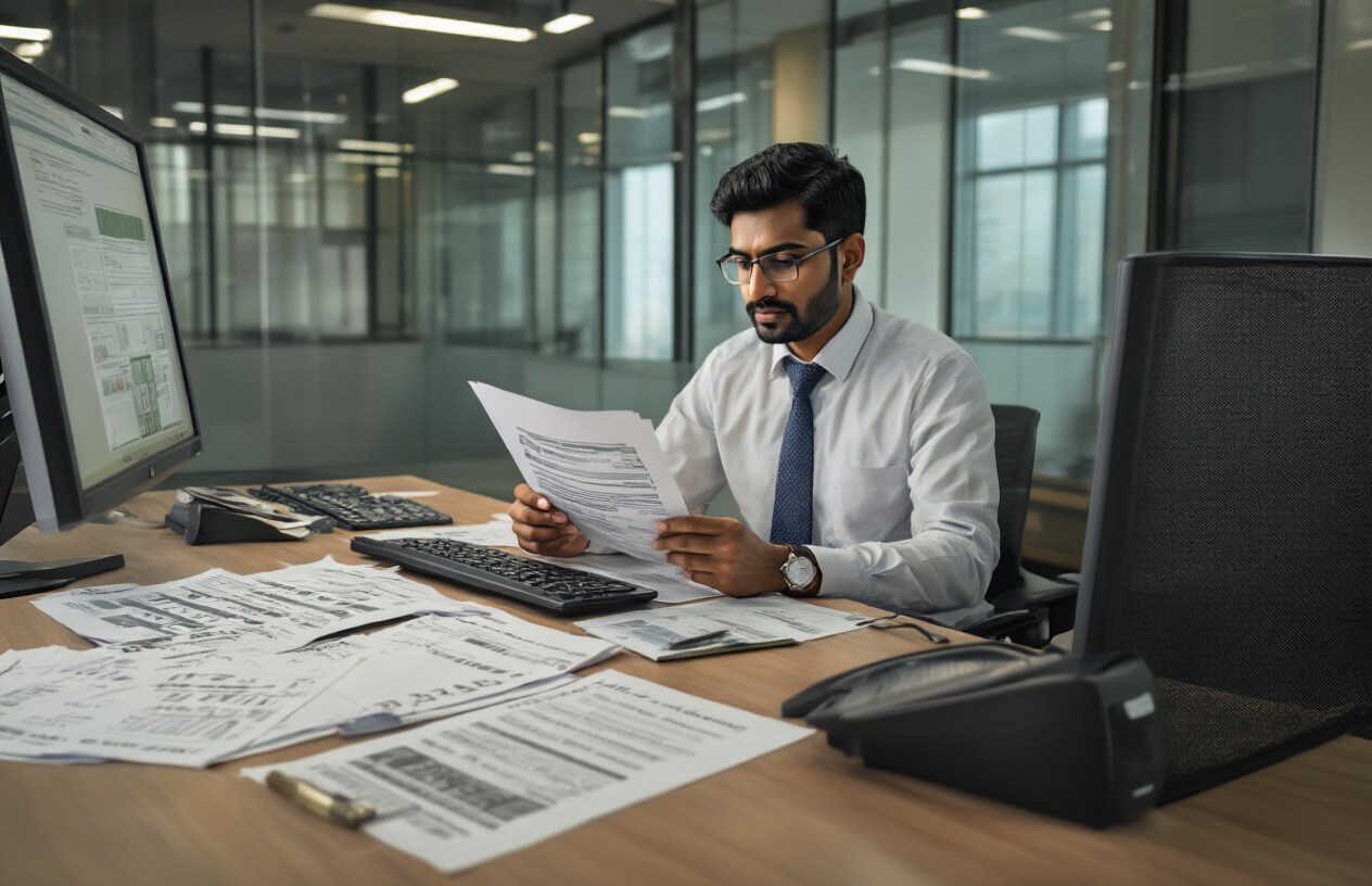 Create a realistic image of an Indian male banker or financial officer sitting at a modern office desk, carefully reviewing documents and typing on a computer to process bank account unfreeze procedures, with official banking forms and paperwork spread across the desk, a secure banking environment with glass partitions and professional lighting in the background, conveying a sense of official administrative work and resolution, warm office lighting creating a professional atmosphere. Absolutely NO text should be in the scene.