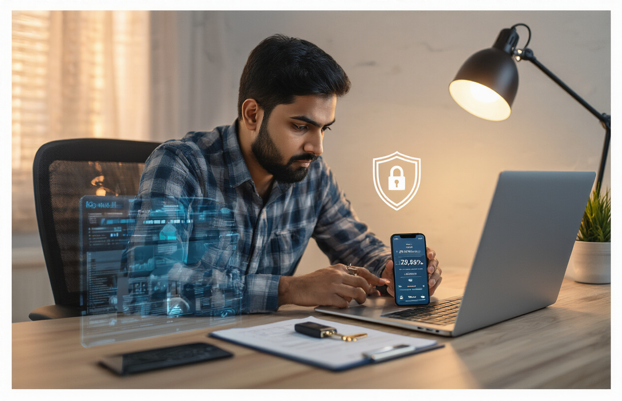 Create a realistic image of an Indian male sitting at a modern desk with a laptop computer, looking focused while reviewing security measures on his screen, with a smartphone displaying a cryptocurrency trading app beside him, a physical security key and notepad with safety tips visible on the desk, warm ambient lighting from a desk lamp creating a secure and professional atmosphere in a home office setting, with a subtle shield icon or padlock symbol visible on the laptop screen suggesting cybersecurity, absolutely NO text should be in the scene.