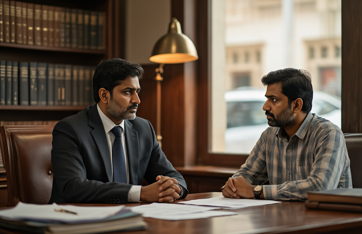 Create a realistic image of an Indian male lawyer in his 40s wearing a formal dark suit sitting across a wooden desk from a concerned Indian male client in casual clothes, with legal documents and files scattered on the desk between them, in a traditional law office setting with wooden bookshelves filled with legal books in the background, warm ambient lighting from a desk lamp creating a serious consultative atmosphere, while in the background through a window you can see a police station building, conveying the intersection of legal assistance and law enforcement reality in India's financial system, Absolutely NO text should be in the scene.