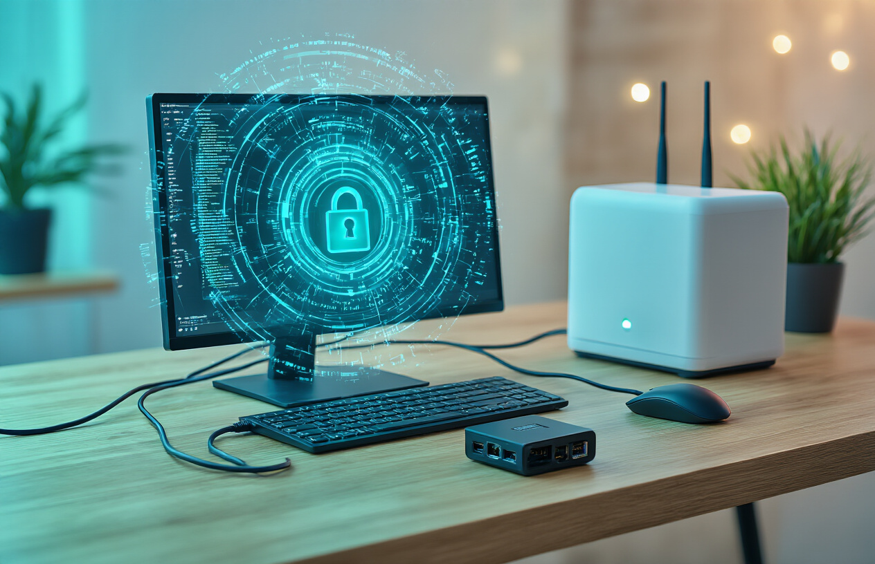 Create a realistic image of a sophisticated cybersecurity concept visualization showing an isolated computer workstation on a wooden desk with visible physical disconnection from networks, featuring unplugged ethernet cables, a powered-off WiFi router in the background, and a secure hardware wallet device, all surrounded by a subtle digital security shield effect in blue and green tones, with soft ambient lighting creating a professional and secure atmosphere, absolutely NO text should be in the scene.