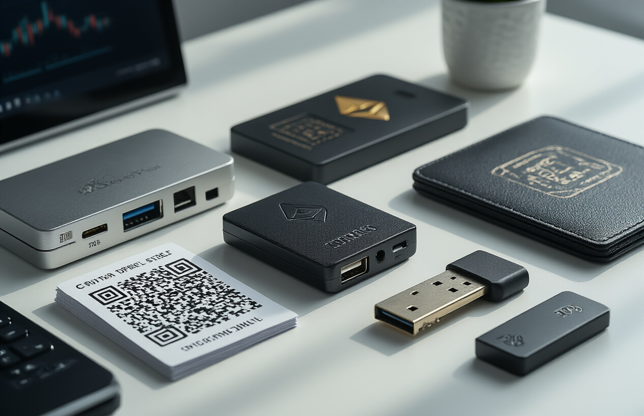 Create a realistic image of various types of cryptocurrency cold storage devices arranged on a clean white desk surface, featuring a hardware wallet with USB connection, a paper wallet with printed QR codes, a metal seed phrase backup plate, and a secure USB drive, all positioned at different angles to showcase their distinct designs, with soft natural lighting from the left side creating gentle shadows, and a blurred modern office background suggesting a professional crypto investment environment, absolutely NO text should be in the scene.
