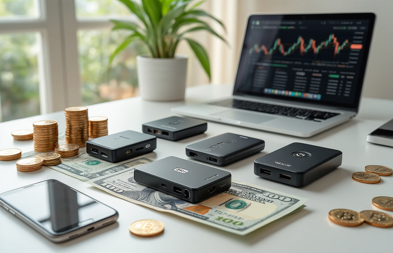 Create a realistic image of several premium hardware cryptocurrency wallets (Ledger Nano, Trezor devices) arranged on a clean modern desk surface with Indian rupee notes and coins scattered around them, a smartphone displaying cryptocurrency charts, and a laptop computer in the background, all set in a well-lit contemporary Indian home office environment with warm natural lighting from a window, absolutely NO text should be in the scene.