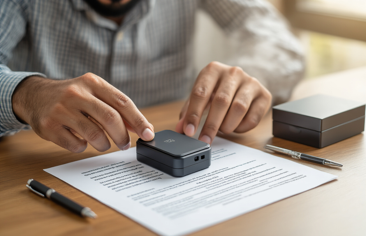 Create a realistic image of an Indian male's hands carefully setting up a hardware cold wallet device on a clean wooden desk, with the device disconnected from any internet connection, surrounded by security-focused elements like a printed recovery seed phrase on paper, a pen, and a small safe box, in a well-lit home office environment with warm natural lighting from a window, conveying a sense of careful security preparation and best practices for cryptocurrency storage, absolutely NO text should be in the scene.