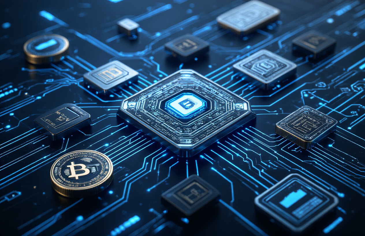 Create a realistic image of multiple digital security keys and locks arranged in a sophisticated pattern on a sleek dark surface, with glowing blue circuit patterns connecting them to represent multi-signature technology, featuring modern cryptocurrency hardware devices and security tokens with holographic authentication elements, soft ambient lighting with blue and silver tones creating a high-tech atmosphere, clean minimalist background with subtle geometric patterns, emphasizing advanced cryptographic security concepts through visual metaphors of interconnected digital locks and keys, absolutely NO text should be in the scene.