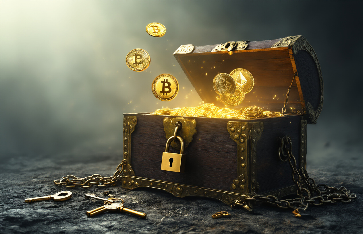 Create a realistic image of a somber scene showing cryptocurrency symbols (Bitcoin, Ethereum icons) floating above an open ornate wooden chest or vault, with golden light emanating from within, while the chest appears to be locked with heavy chains and an old-fashioned padlock, set against a dark, misty background with soft, dim lighting that creates a melancholic atmosphere, representing the inaccessibility of digital assets, with scattered old keys on the ground nearby that don't fit the lock, symbolizing the permanent loss of crypto inheritance, absolutely NO text should be in the scene.