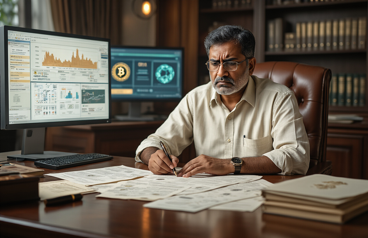 Create a realistic image of a frustrated middle-aged Indian male estate planner sitting at a mahogany desk covered with traditional paper documents, legal folders, and a vintage pen set, while in the background a computer screen displays various cryptocurrency wallet interfaces and digital asset symbols that appear blurred and out of reach, with a modern office setting featuring warm lighting that creates a stark contrast between the traditional paper-based estate planning materials in the foreground and the glowing digital screens in the background, conveying a sense of disconnect and inadequacy between old methods and new digital challenges, absolutely NO text should be in the scene.