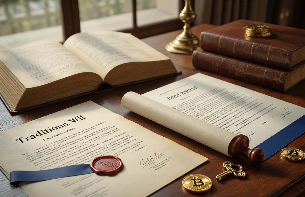Create a realistic image of a polished wooden desk with two distinct legal documents side by side - one traditional will document with a wax seal and ribbon, and one modern trust agreement with a blue legal backing, alongside scattered cryptocurrency symbols (Bitcoin, Ethereum coins) and a golden vintage key, with a leather-bound law book partially open in the background, soft natural lighting from a window creating gentle shadows across the scene, professional law office atmosphere with warm wood tones and brass accents, absolutely NO text should be in the scene.