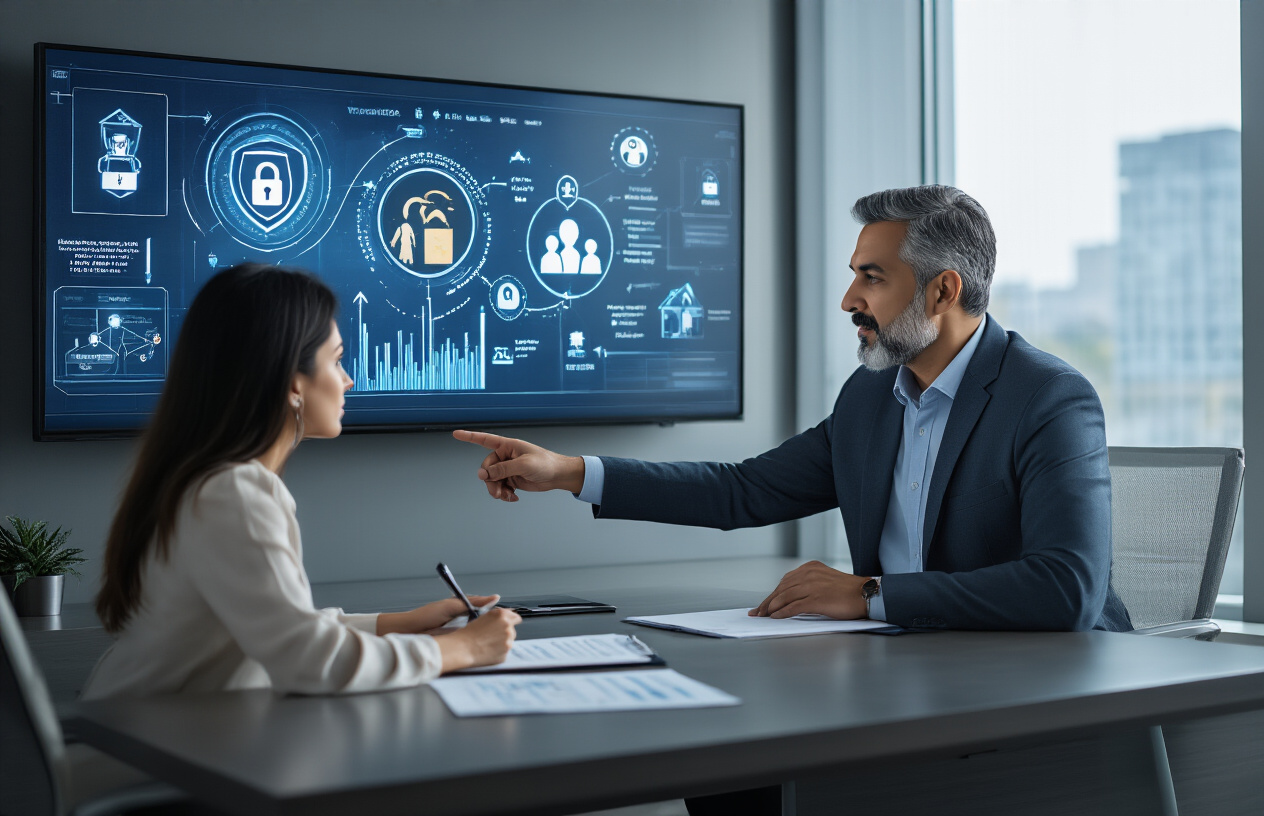 Create a realistic image of a modern office setting with a South Asian male financial advisor in his 40s sitting at a sleek desk, pointing to a large wall-mounted digital screen displaying cryptocurrency wallet icons, security shields, and inheritance flow diagrams with arrows connecting family silhouettes, while a middle-aged white female client sits across from him taking notes, with additional security elements like digital locks, blockchain network visualizations, and estate planning documents spread on the desk, professional lighting with a clean contemporary background featuring subtle technology elements, conveying a serious and strategic consultation atmosphere, absolutely NO text should be in the scene.