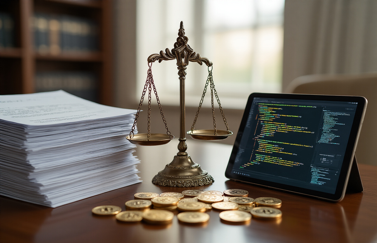 Create a realistic image of a balanced scale sitting on a polished wooden desk, with one side holding legal documents and law books while the other side displays computer code on a tablet and digital circuit boards, surrounded by cryptocurrency coins scattered on the desk surface, soft office lighting creating subtle shadows, professional indoor setting with bookshelves in the blurred background, representing the weighing of legal versus technical solutions, absolutely NO text should be in the scene.