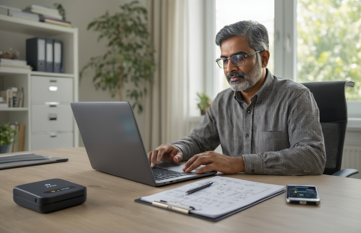 Create a realistic image of a middle-aged Indian male sitting at a modern desk in a well-lit home office, actively managing his digital assets on a laptop computer, with a smartphone displaying a cryptocurrency wallet app beside him, a secure hardware wallet device, a notebook with handwritten notes about digital asset management, and a filing cabinet in the background suggesting organized record-keeping, all set in a professional yet comfortable home environment with natural lighting from a window, conveying security, organization and proactive financial planning. Absolutely NO text should be in the scene.