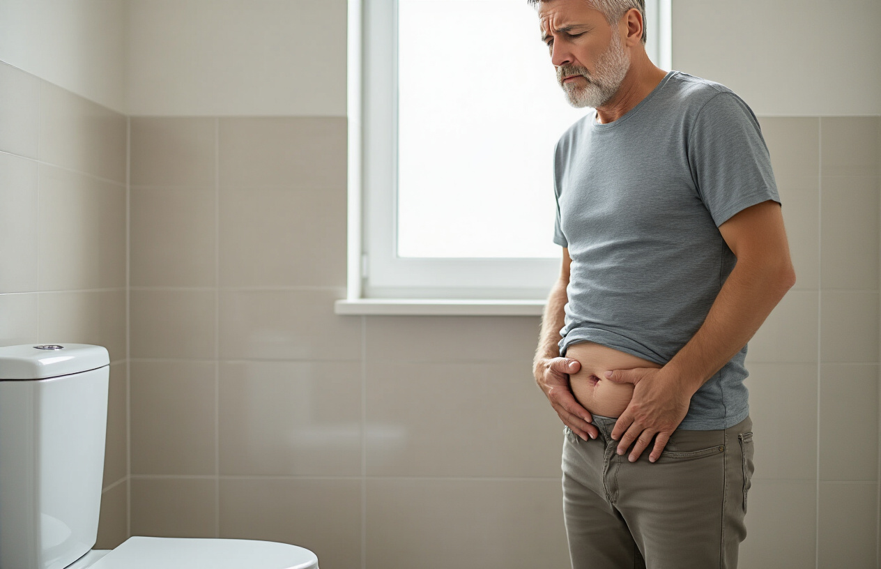Create a realistic image of a middle-aged white male standing in a modern bathroom looking concerned and uncomfortable while facing a white porcelain toilet, with his hand on his lower abdomen showing signs of discomfort, soft natural lighting from a window, clean bathroom with neutral colored tiles, the man wearing casual clothing like a t-shirt and pants, conveying a sense of frustration and health concern, absolutely NO text should be in the scene.