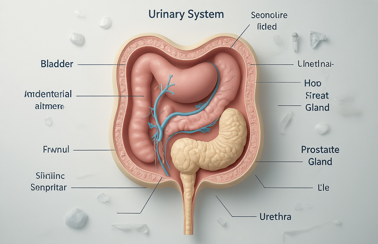 Create a realistic image of a modern medical diagram or illustration showing a cross-section view of the male urinary system including the bladder, prostate gland, and urethra, with the bladder partially filled to demonstrate incomplete emptying, set against a clean white medical background with soft, clinical lighting, featuring anatomically accurate details in muted medical colors of pink, beige, and light blue, absolutely NO text should be in the scene.