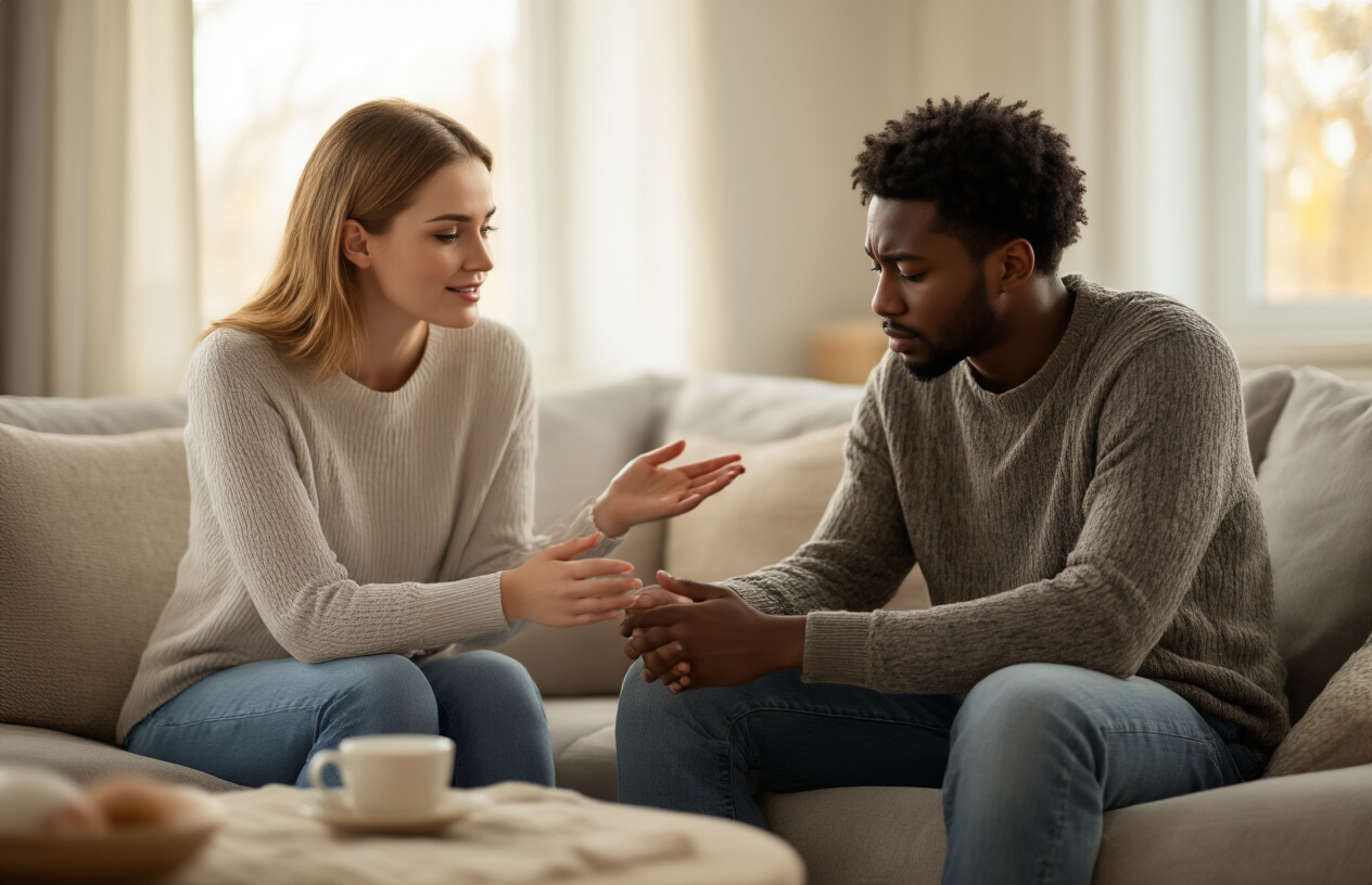 Create a realistic image of a white female sitting across from a black male friend in a quiet, comfortable living room setting, both appearing to be in their twenties, with the woman leaning forward slightly with an open, caring posture and gentle facial expression as she reaches out her hand in a supportive gesture, while the man appears vulnerable with his head slightly down, soft natural lighting filtering through a window creating a warm, safe atmosphere, with a cozy couch, soft pillows, and perhaps a cup of tea on a nearby table to emphasize the intimate, compassionate nature of their conversation, Absolutely NO text should be in the scene.