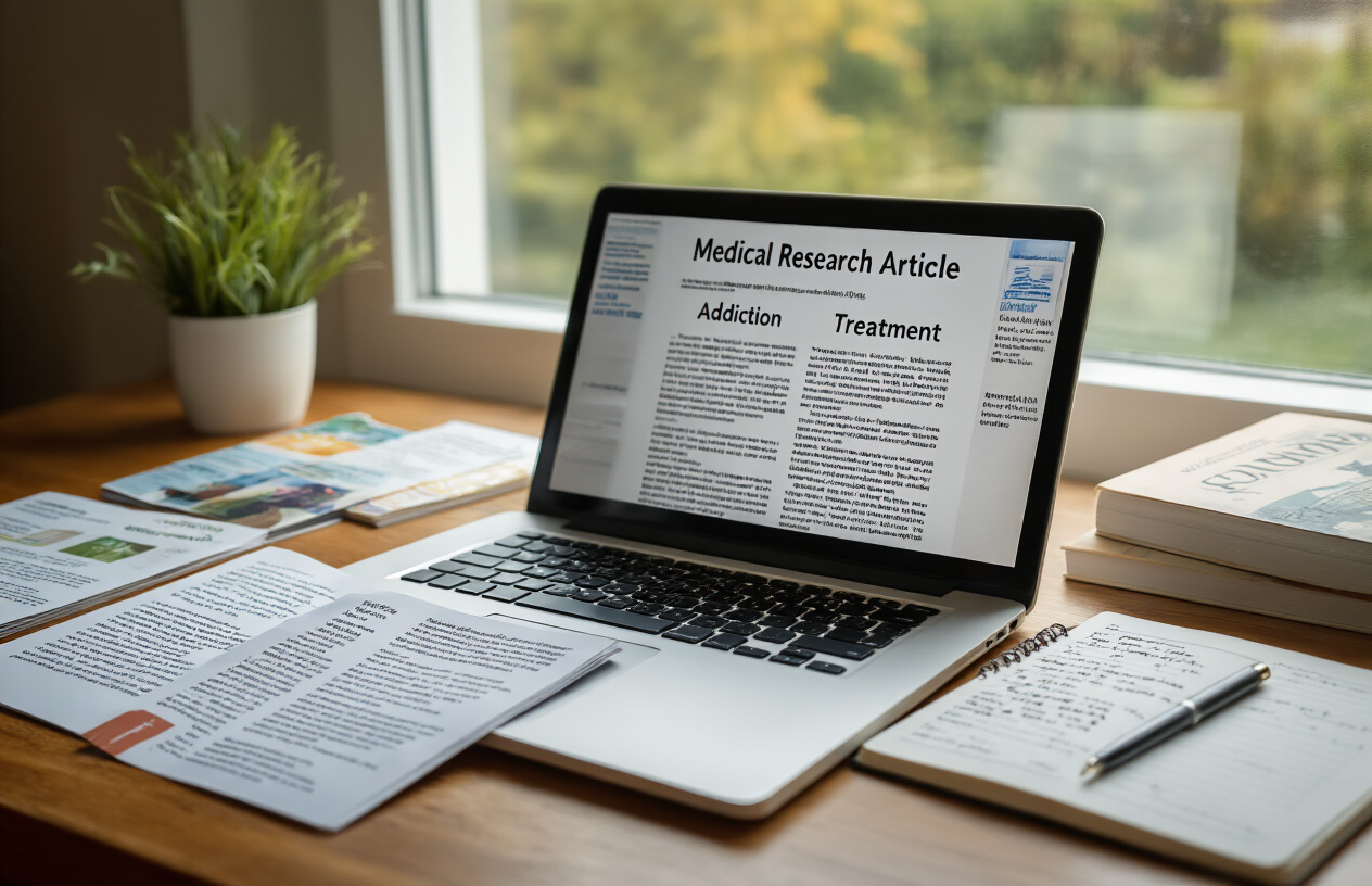 Create a realistic image of an open laptop computer displaying medical research articles about addiction and treatment, surrounded by printed educational materials, pamphlets about drug rehabilitation programs, and open books about addiction recovery on a wooden desk, with a notebook and pen nearby showing handwritten notes, soft natural lighting from a window creating a studious atmosphere, warm and hopeful mood suggesting learning and preparation to help others, absolutely NO text should be in the scene.