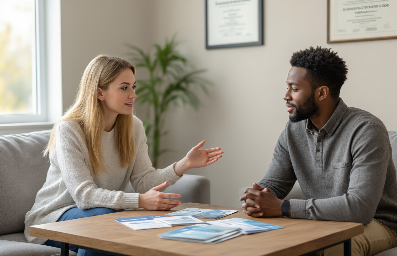 Create a realistic image of a compassionate white female friend sitting across from a black male in a comfortable, private counseling office setting, with the friend gently gesturing toward professional pamphlets and treatment center brochures spread on a wooden coffee table between them, soft natural lighting streaming through a window in the background creating a supportive and hopeful atmosphere, with a diploma and certificates visible on the wall suggesting professional help is nearby, absolutely NO text should be in the scene.