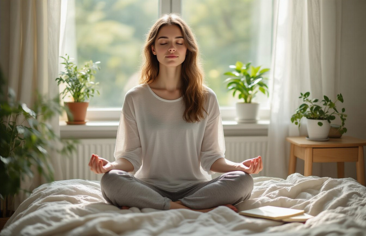 Create a realistic image of a young white female sitting peacefully in a serene bedroom setting, practicing meditation or deep breathing with her eyes closed and hands resting on her knees, surrounded by calming elements like a small potted plant, soft natural lighting from a window, and a journal nearby on a bedside table, with a gentle and tranquil atmosphere that conveys self-care and personal boundary setting, absolutely NO text should be in the scene.