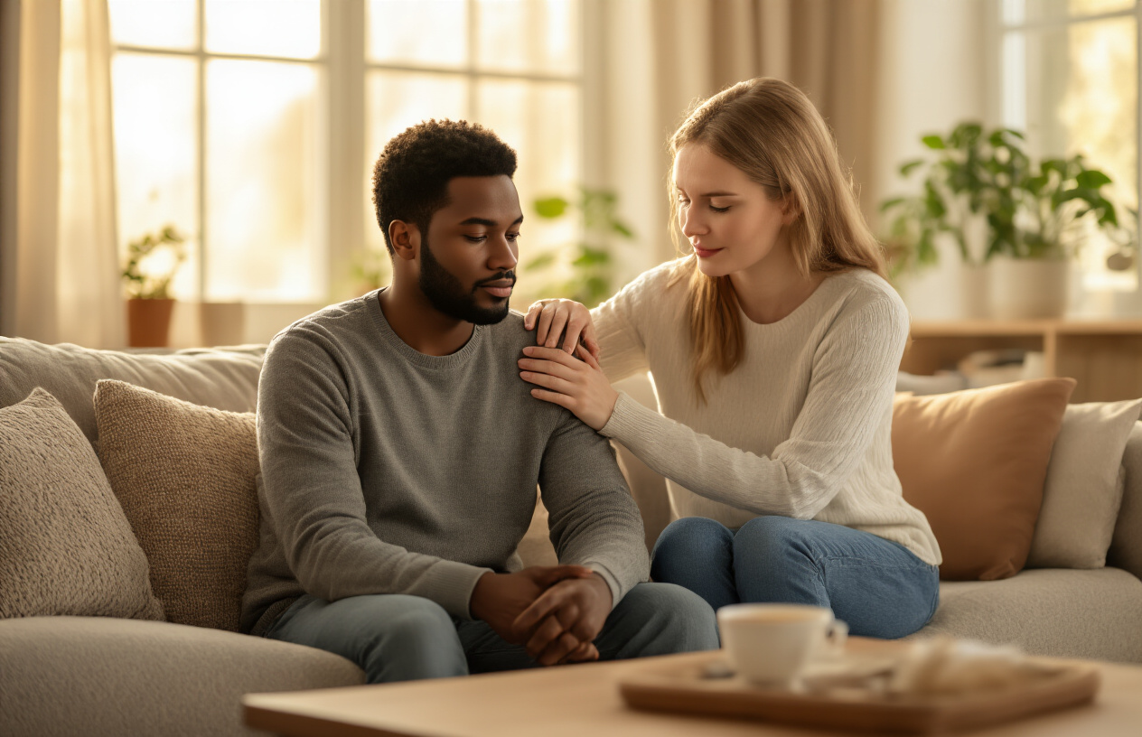 Create a realistic image of two people sitting on a comfortable couch in a warm, softly lit living room, with a white female gently placing her hand on the shoulder of a black male who appears contemplative, surrounded by soft natural light streaming through a window, creating a supportive and hopeful atmosphere with warm earth tones, a coffee table with a cup of tea, and green plants in the background symbolizing growth and healing, absolutely NO text should be in the scene.