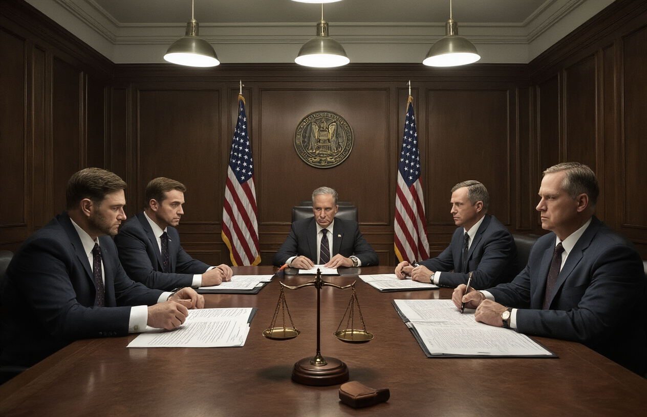 Create a realistic image of a serious government meeting room with dark wood paneling and American flags, where white and black male officials in dark suits sit around a large conference table reviewing legal documents and prohibition papers, with a gavel and scales of justice visible on the table, dimly lit with formal overhead lighting creating a somber regulatory atmosphere, absolutely NO text should be in the scene.