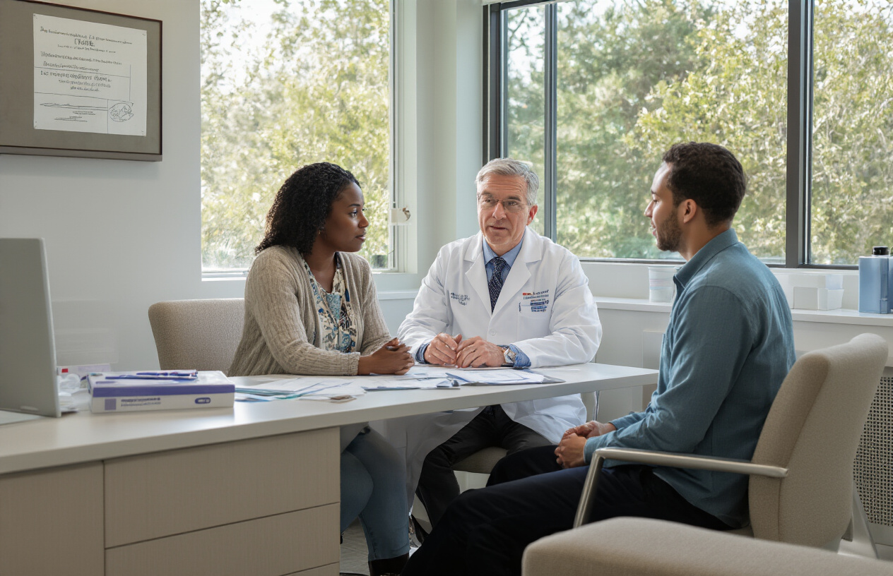 Create a realistic image of a medical consultation room where a white male doctor in a white coat is discussing treatment options with a diverse group of patients - a black female and a white male - who appear to be seeking addiction treatment, with medical charts and research papers about alternative therapies visible on the desk, natural lighting coming through a window creating a hopeful atmosphere, modern medical office setting with comfortable seating and professional medical equipment in the background, conveying a sense of growing medical interest and scientific exploration in innovative treatment approaches, absolutely NO text should be in the scene.