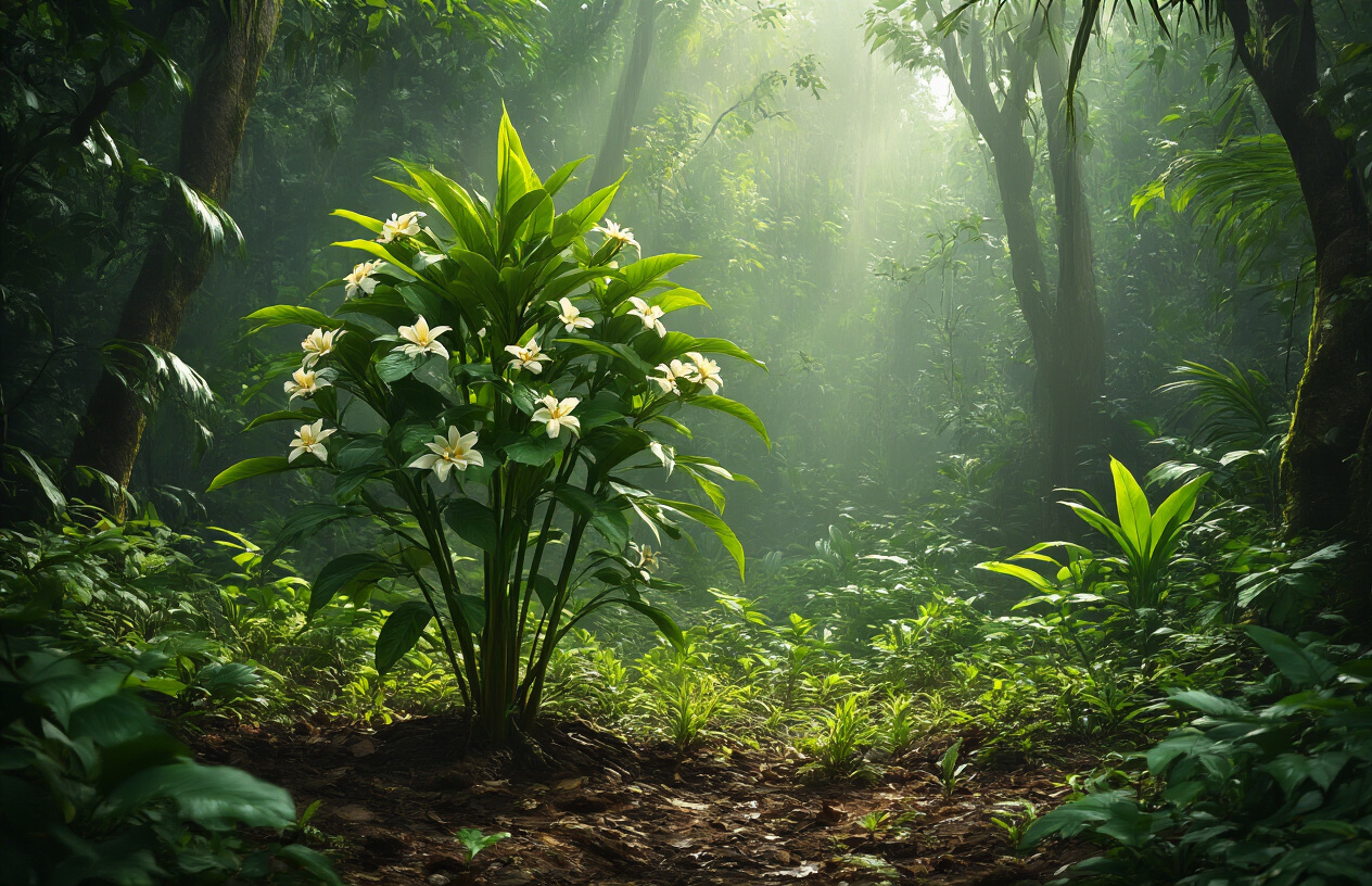 Create a realistic image of traditional African Tabernanthe iboga plant with its distinctive elongated green leaves and small white flowers growing in a dense tropical rainforest setting, with dappled sunlight filtering through the canopy creating natural lighting on the forest floor, surrounded by lush vegetation and other tropical plants, with rich earth tones and a serene, natural atmosphere that conveys the plant