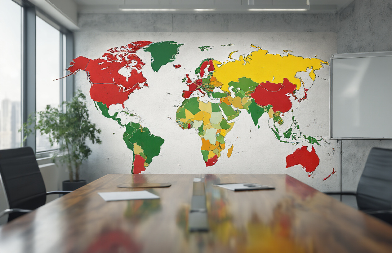Create a realistic image of a world map with different countries highlighted in various colors to represent different legal statuses of ibogaine, showing some countries in red indicating illegal status, others in green for legal or decriminalized, and some in yellow for medical use only, with a clean modern office or conference room setting in the background, professional lighting, and a sophisticated color scheme that conveys legal and regulatory themes, absolutely NO text should be in the scene.