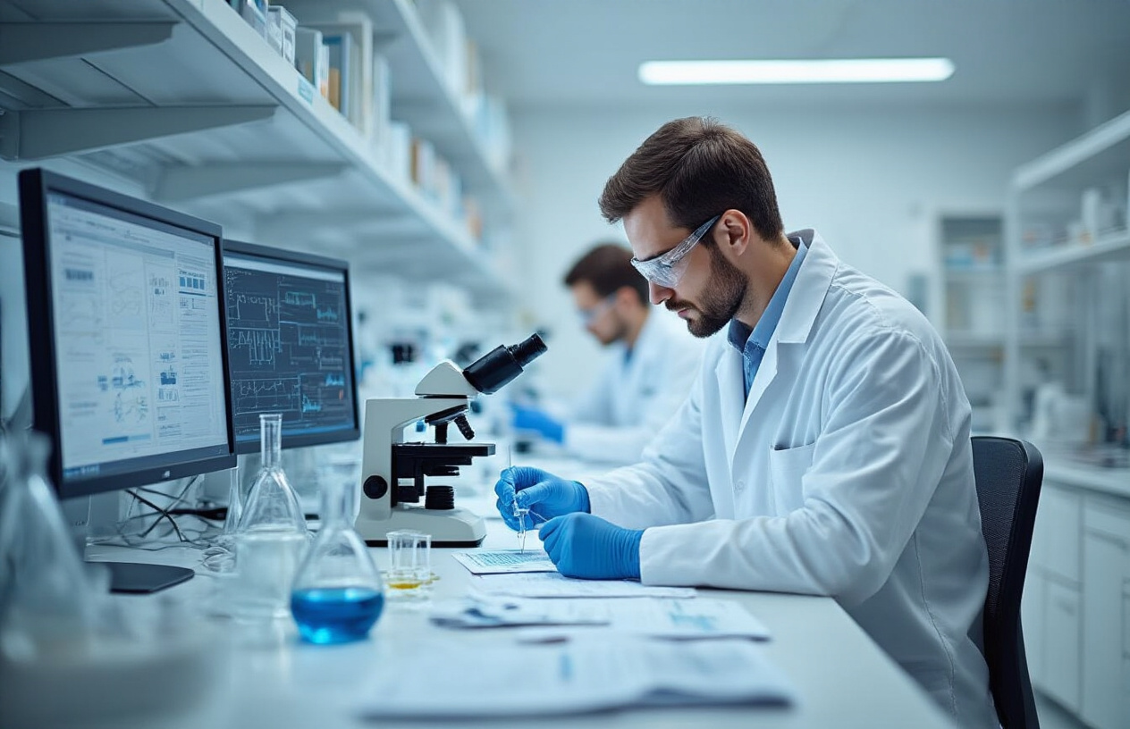 Create a realistic image of a modern scientific laboratory with research equipment including microscopes, test tubes, and computer screens displaying data charts, with a white male researcher in a lab coat examining samples at a workstation, surrounded by scientific journals and research papers scattered on the desk, professional laboratory lighting with clean white walls and sterile environment, conveying a serious academic research atmosphere, absolutely NO text should be in the scene.