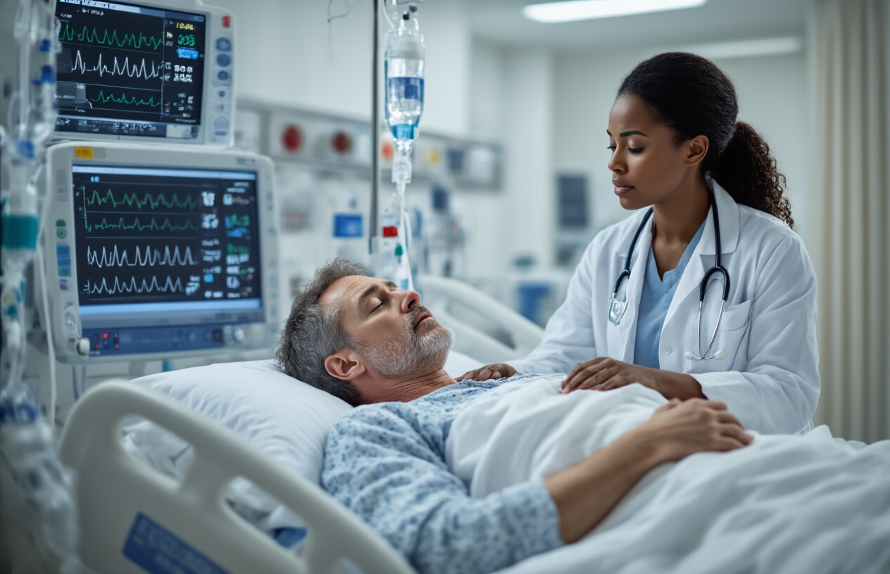 Create a realistic image of a medical emergency scene in a hospital room showing a middle-aged white male patient lying unconscious on a hospital bed connected to heart monitoring equipment with irregular heartbeat patterns displayed on screens, a concerned black female doctor in white coat checking vital signs, medical emergency equipment including IV drips and oxygen mask nearby, sterile hospital environment with bright clinical lighting, tense atmosphere suggesting cardiac complications, close-up view of monitoring devices showing concerning vital readings, absolutely NO text should be in the scene.
