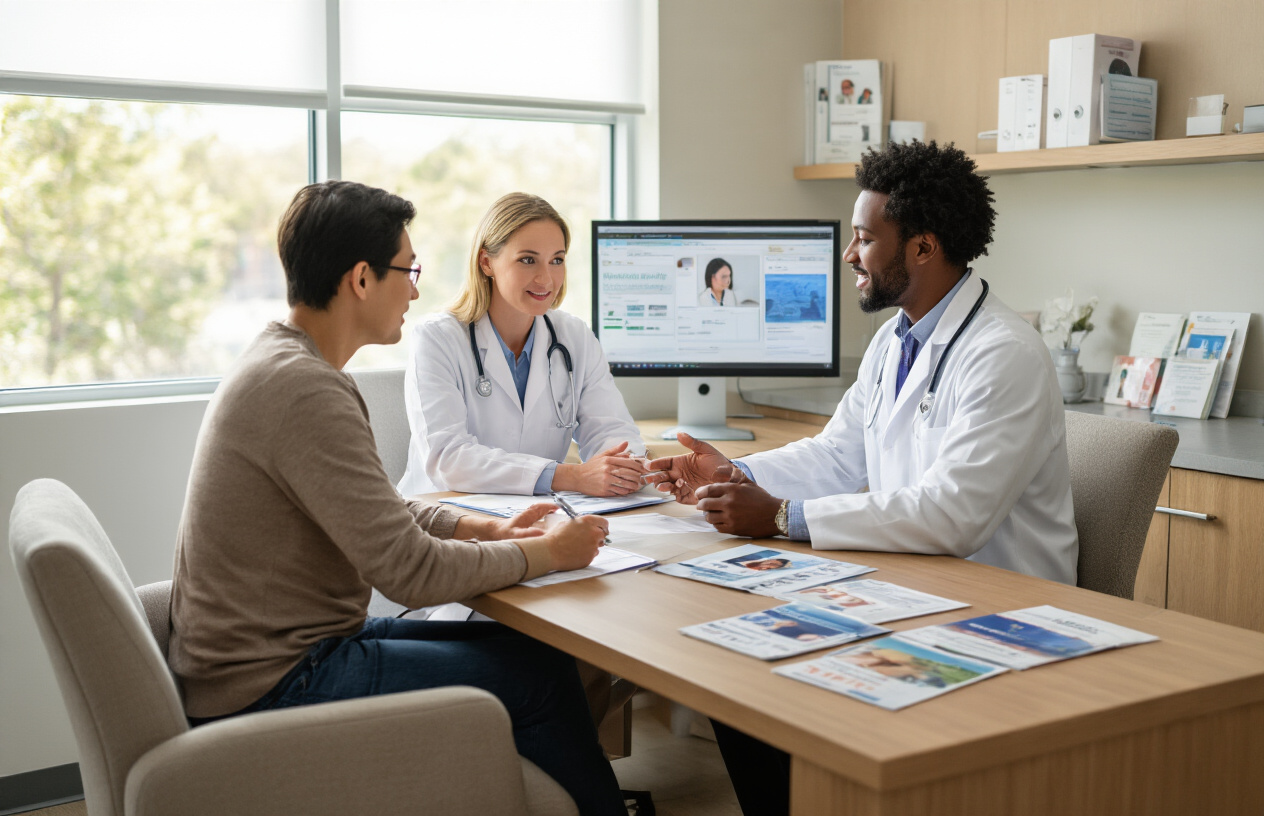 Create a realistic image of a diverse group of people including a white female doctor in a white coat consulting with a black male patient and an Asian female patient in a modern medical consultation room, with medical brochures and pamphlets spread on a wooden desk, a computer screen showing treatment information, comfortable chairs, warm natural lighting from a window, conveying a supportive and professional healthcare consultation atmosphere, absolutely NO text should be in the scene.
