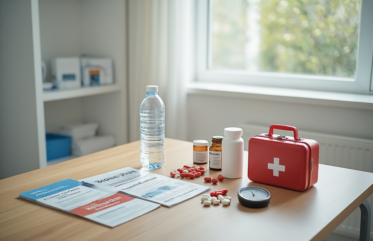 Create a realistic image of a clean, organized medical consultation room with harm reduction materials laid out on a wooden table including medical pamphlets, a water bottle, vitamin supplements, a blood pressure monitor, and a first aid kit, with soft natural lighting coming through a window, conveying a safe and educational atmosphere focused on health and safety precautions, absolutely NO text should be in the scene.