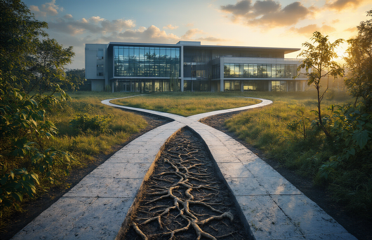 Create a realistic image of a symbolic crossroads scene with two divergent paths, one path leading toward a modern medical research facility with clean glass windows representing scientific progress and legitimate treatment options, while the other path leads into shadowy uncertainty representing illegal underground treatment, with a subtle overlay of iboga plant leaves and roots in the foreground, warm golden hour lighting creating contrast between the bright legitimate path and the darker alternative route, conveying hope for future legal medical applications while acknowledging current restrictions, absolutely NO text should be in the scene.