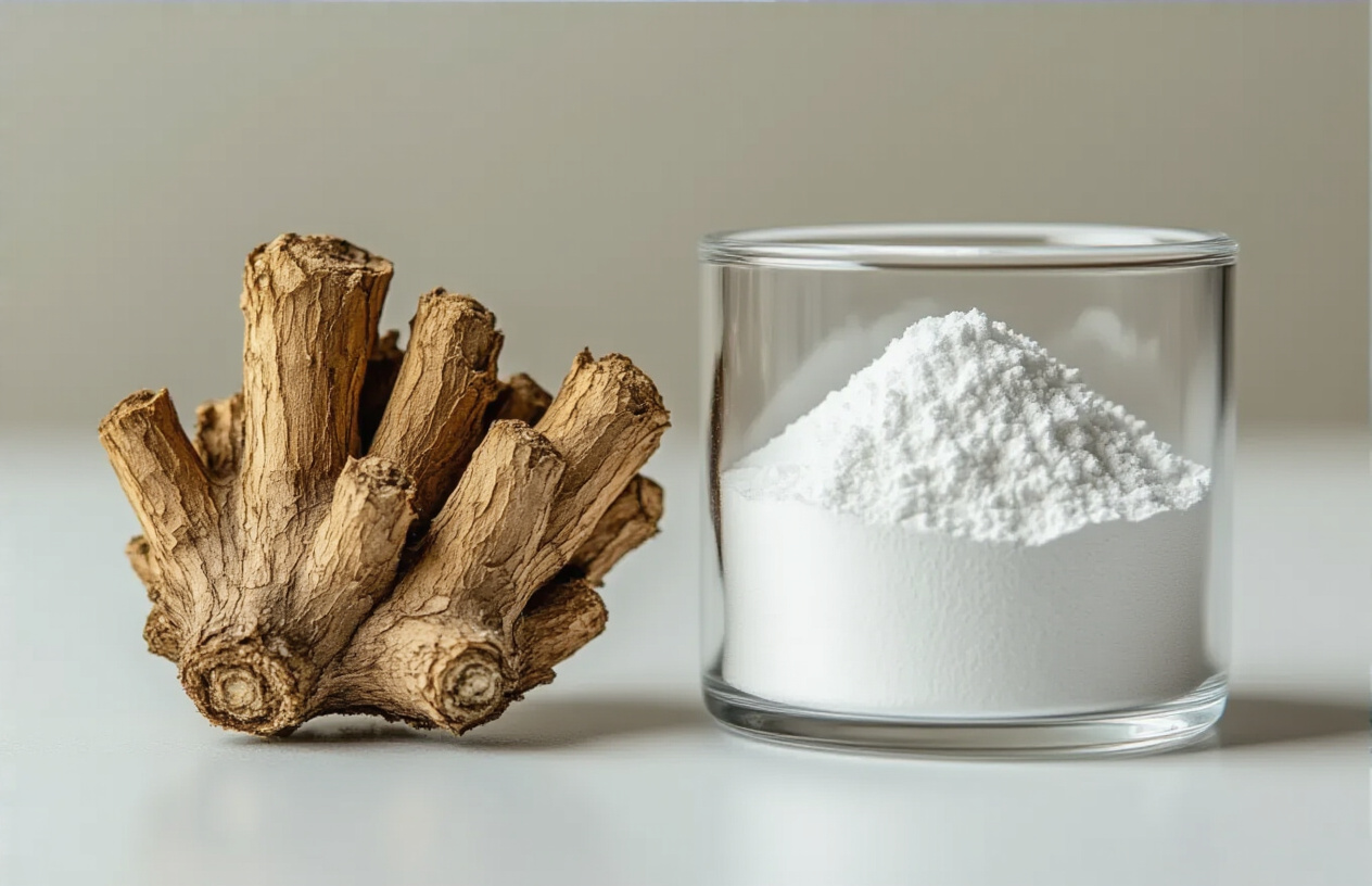 Create a realistic image of a scientific comparison setup showing two distinct elements side by side: on the left, a raw iboga root bark with its natural brown, fibrous texture and organic appearance, and on the right, pure white ibogaine powder or crystals in a clean laboratory glass container, set against a neutral scientific background with soft, even lighting that emphasizes the contrast between the natural plant material and the refined pharmaceutical compound, absolutely NO text should be in the scene.