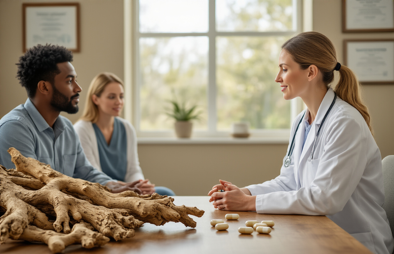 Create a realistic image of a serene medical consultation room with a white female doctor in a white coat sitting across from a diverse group of patients including a black male and white female, with natural iboga root bark and refined ibogaine capsules displayed on a wooden table between them, soft natural lighting streaming through a window, calming earth-tone colors throughout the space, medical diplomas on the wall in the background, and a peaceful, hopeful atmosphere suggesting therapeutic healing and recovery. Absolutely NO text should be in the scene.