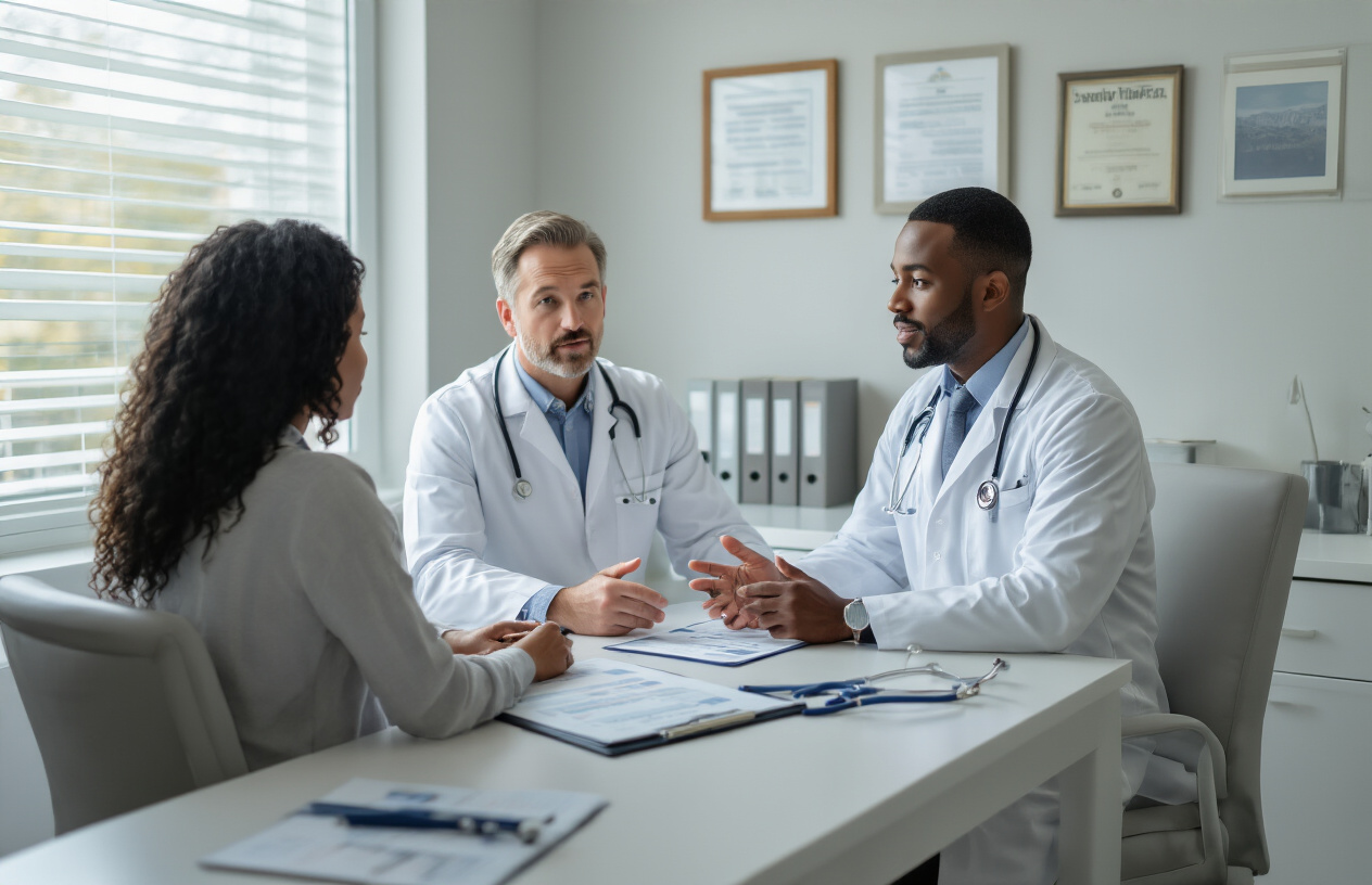 Create a realistic image of a professional medical consultation room where a white male doctor in a white coat is discussing treatment options with a black female patient sitting across from him at a clean desk, with medical charts, a stethoscope, and safety documentation visible on the desk, soft natural lighting streaming through a window, creating a calm and trustworthy atmosphere that emphasizes medical supervision and patient safety, with medical diplomas on the wall in the background, absolutely NO text should be in the scene.