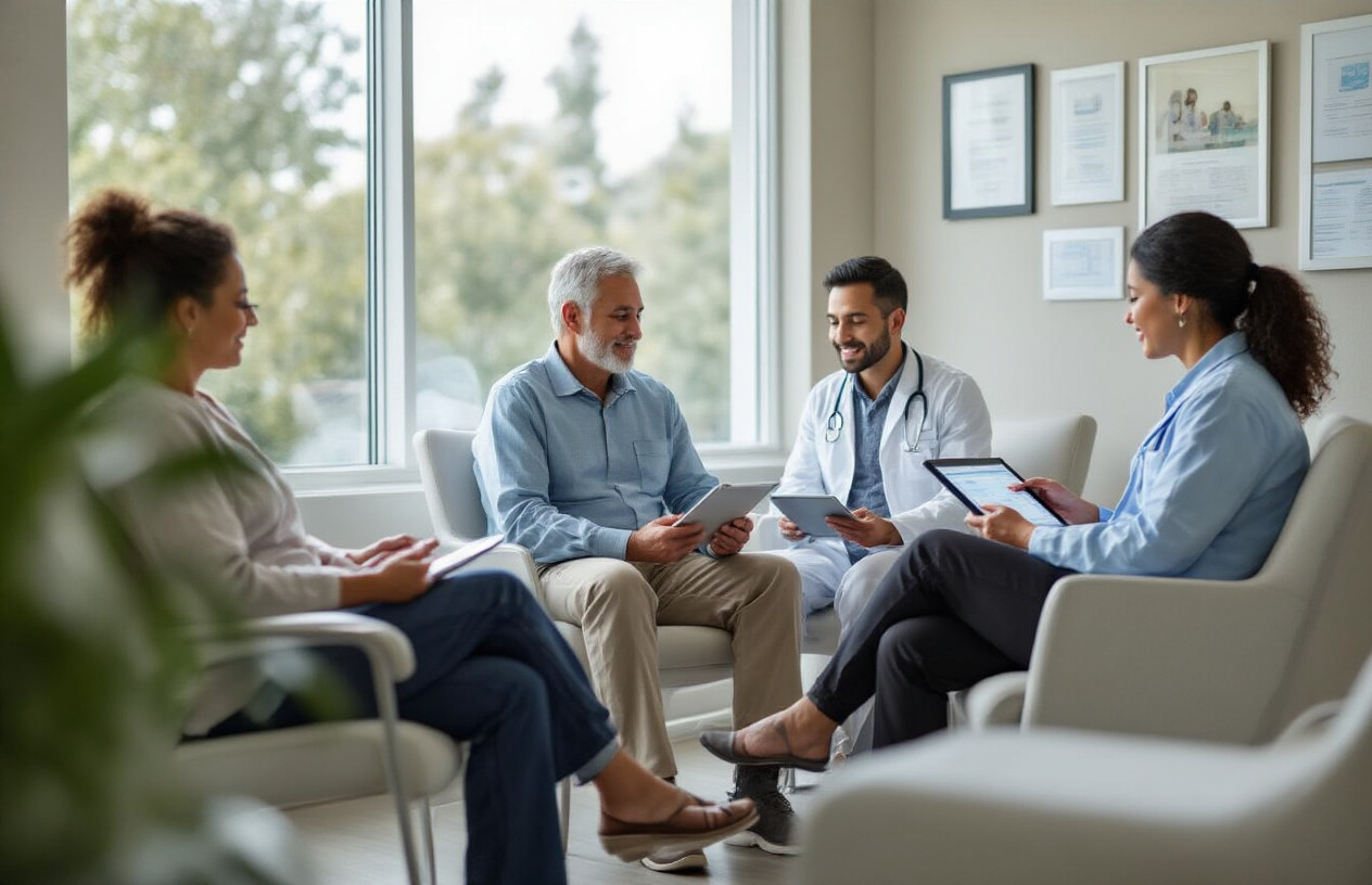 Create a realistic image of a diverse group of three patients in recovery - one white male, one black female, and one Hispanic male - sitting in a bright, modern medical consultation room with a healthcare professional reviewing treatment charts and outcome data on a tablet, with medical diplomas and certificates on the wall, natural lighting from large windows, conveying hope and professional medical care, with the patients appearing healthy and engaged in discussion about their recovery progress, absolutely NO text should be in the scene.