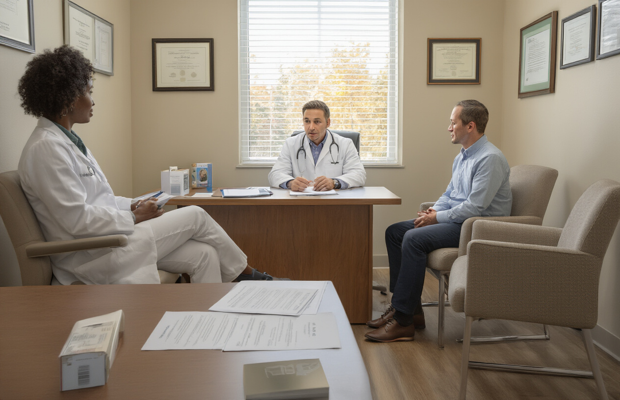 Create a realistic image of a modern medical clinic consultation room with a white male doctor in a white coat sitting across from a diverse group of patients including a black female and white male, with legal documents and treatment brochures spread on a wooden desk between them, warm natural lighting from a window, professional healthcare setting with diplomas on the wall, comfortable chairs, and a calm, supportive atmosphere suggesting medical consultation about treatment options, absolutely NO text should be in the scene.