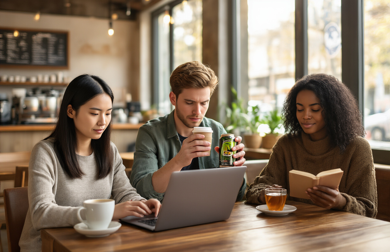 Create a realistic image of a diverse group showing different caffeine responses - a focused Asian female working at a laptop with a coffee cup, a jittery white male holding his hands slightly shaking while looking at an energy drink, and a calm black female reading peacefully with a tea cup, all in a modern coffee shop setting with warm natural lighting from large windows, wooden tables and comfortable seating, creating a balanced atmosphere that illustrates individual differences in caffeine sensitivity and reactions, absolutely NO text should be in the scene.