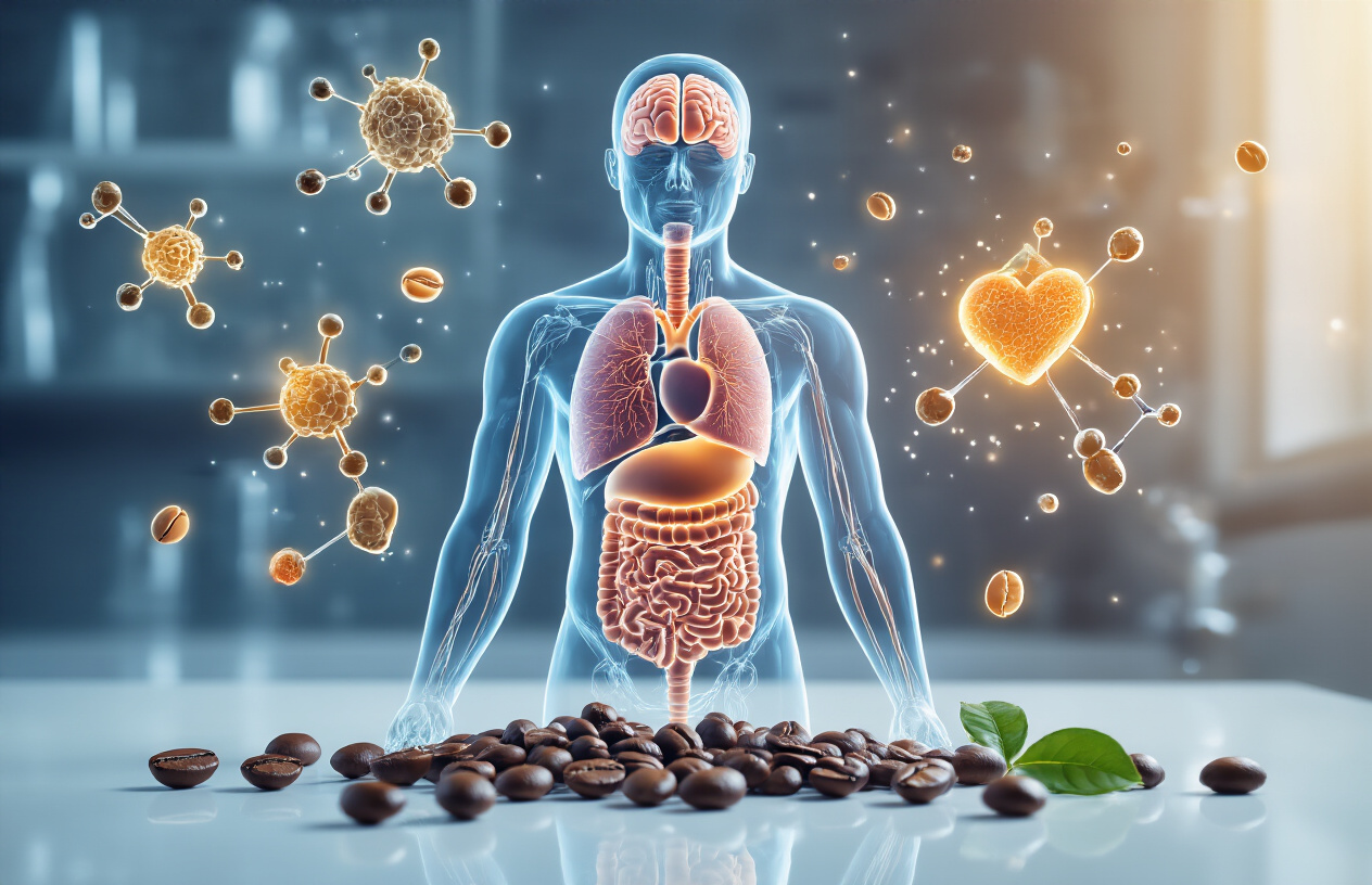 Create a realistic image of a detailed scientific illustration showing caffeine molecules (chemical structure diagrams) floating around a transparent human silhouette with highlighted internal organs including the brain, heart, and nervous system pathways glowing in soft blue and orange colors, surrounded by coffee beans and tea leaves scattered on a clean white laboratory background with subtle lighting that emphasizes the scientific and educational nature of the scene, absolutely NO text should be in the scene.