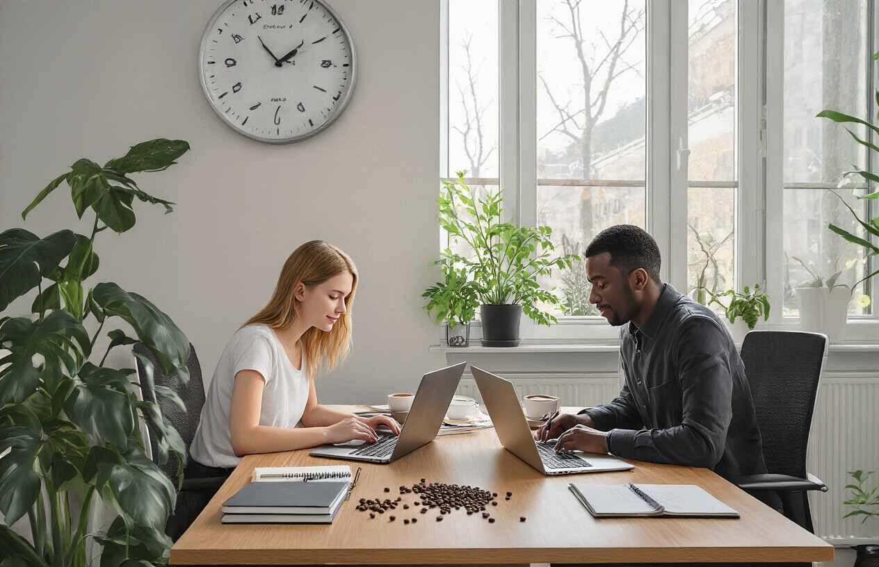 Create a realistic image of a modern workspace showing a young white female student and a black male professional at separate desks, both focused on their work with laptops open, each having a single cup of coffee beside them, with a wall clock showing mid-morning time, natural lighting streaming through large windows, organized desk supplies including notebooks and pens, a few coffee beans scattered artistically on the wooden desk surface, clean minimalist office environment with plants in the background, calm and productive atmosphere. Absolutely NO text should be in the scene.