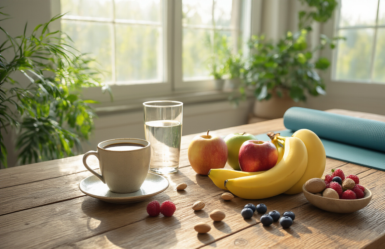 Create a realistic image of a serene morning scene showing a balanced lifestyle approach to energy, featuring a wooden table with a small cup of coffee alongside natural energy sources like fresh fruits (bananas, apples, berries), a glass of water, nuts, and a yoga mat partially rolled out in the background, soft natural lighting streaming through a window, creating a calm and balanced atmosphere that suggests sustainable energy habits rather than caffeine dependence, with green plants visible in the background adding to the natural wellness theme, absolutely NO text should be in the scene.