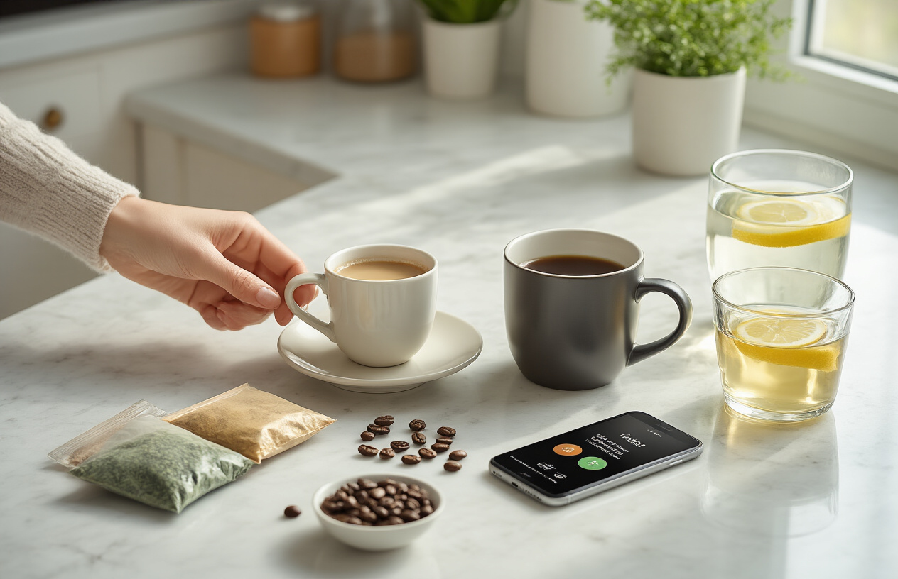 Create a realistic image of a kitchen counter scene showing gradual caffeine reduction with a white female hand reaching for a smaller cup of light-colored coffee next to a larger dark coffee mug, surrounded by caffeine alternatives including herbal tea bags, a glass of water with lemon, decaf coffee beans in a small bowl, and a smartphone displaying a tracking app, all arranged on a clean marble countertop with soft natural morning light streaming through a nearby window, creating a calm and organized atmosphere that suggests mindful lifestyle choices, absolutely NO text should be in the scene.