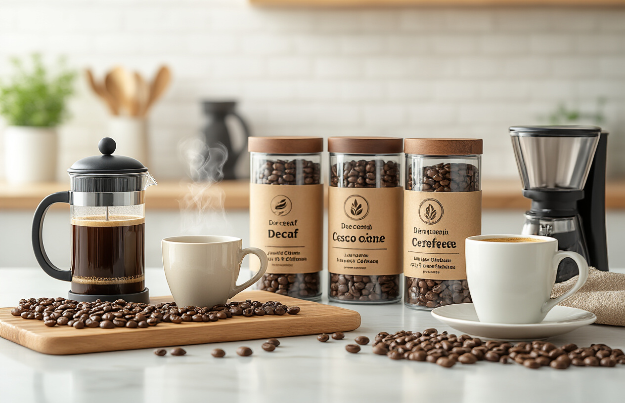 Create a realistic image of a modern kitchen counter displaying various coffee options including a French press with decaf coffee, several coffee bean containers labeled as decaf and low-caffeine varieties, a steaming cup of light-colored coffee, loose coffee beans scattered on a wooden cutting board, and a coffee grinder, all arranged in warm natural lighting with a clean white and wood background, suggesting thoughtful coffee selection and preparation, absolutely NO text should be in the scene.