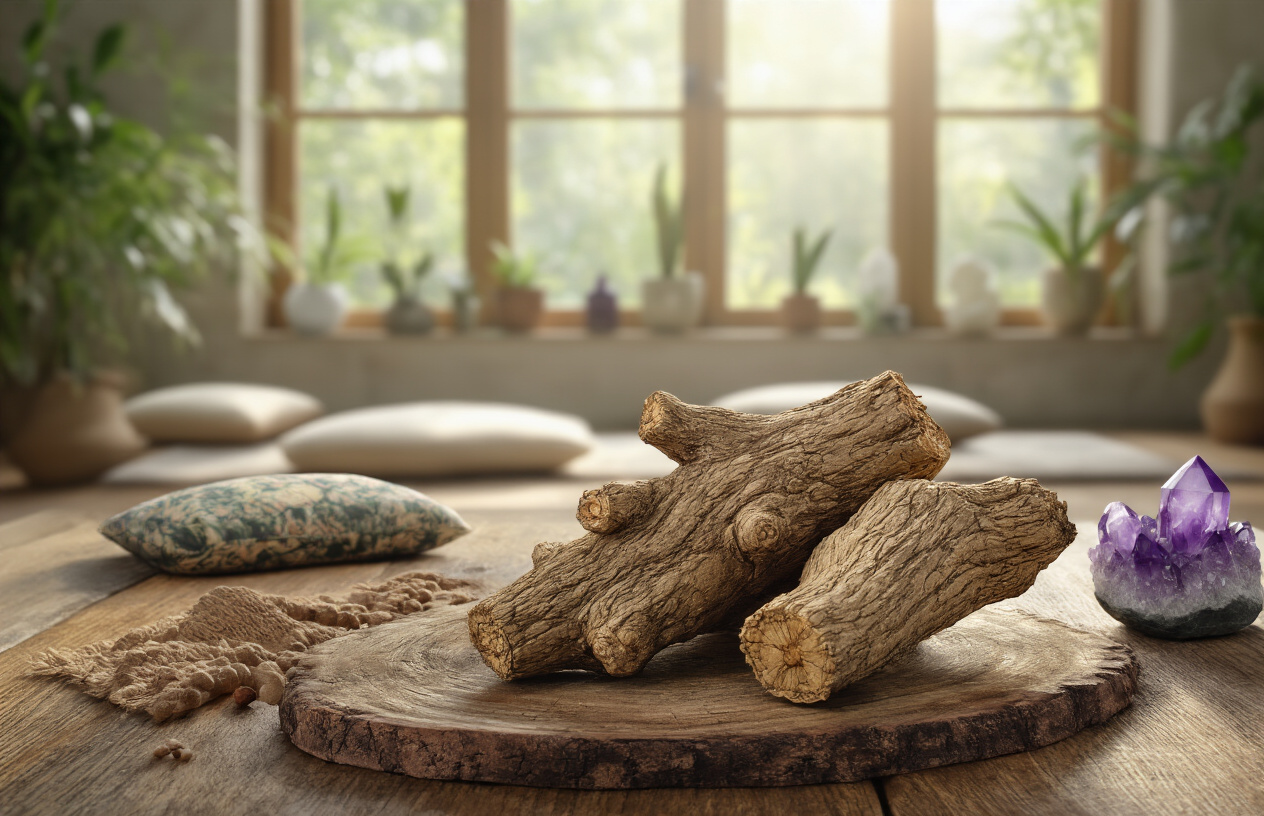 Create a realistic image of a serene natural healing environment showing ibogaine root bark and traditional plant medicine elements on a wooden table, with soft natural lighting filtering through windows, complemented by meditation cushions and healing crystals in the background, conveying a calm alternative therapy atmosphere that contrasts with clinical medical settings, absolutely NO text should be in the scene.