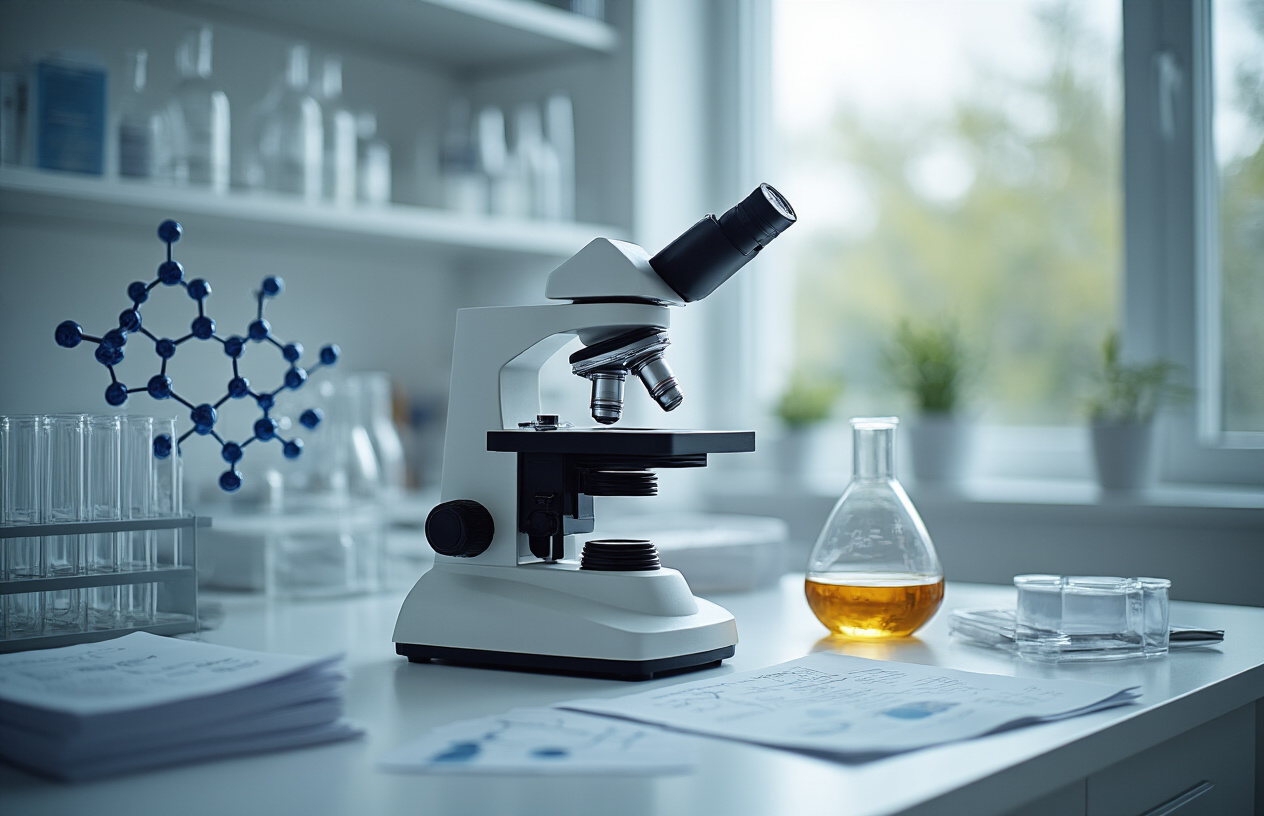 Create a realistic image of a modern scientific laboratory setting with a microscope in the foreground, molecular structure models and chemical diagrams on a clean white lab bench, test tubes containing clear liquids in a rack, scientific research papers scattered nearby, soft natural lighting from a window, and a calm, professional atmosphere that conveys medical research and scientific discovery, absolutely NO text should be in the scene.