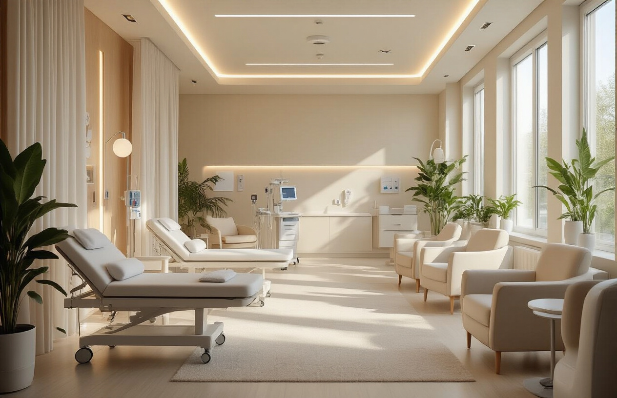 Create a realistic image of a modern medical facility interior showing multiple treatment options, featuring comfortable therapy rooms with soft lighting, a consultation area with medical equipment, treatment chairs arranged in a welcoming space, plants and calming decor elements, warm natural lighting streaming through windows, clean white and beige color palette, professional yet comforting atmosphere that conveys comprehensive healthcare services, absolutely NO text should be in the scene.