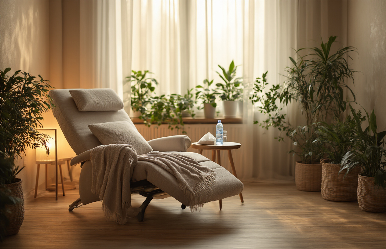 Create a realistic image of a serene, dimly lit therapy room with warm ambient lighting, featuring a comfortable reclining chair or daybed with soft pillows and blankets, a small side table with a water bottle and tissues, potted plants in the background creating a natural healing atmosphere, wooden floors, and calming earth-tone colors throughout the space, with soft shadows and a peaceful, supportive environment that conveys safety and introspection, absolutely NO text should be in the scene.