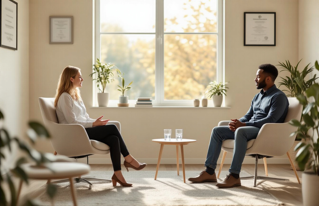 Create a realistic image of a professional therapy session with a white female therapist and a black male client sitting in comfortable chairs facing each other in a modern, calming office space with warm natural lighting from a large window, featuring diplomas and certificates on the wall, a small table with water glasses, soft neutral colors throughout the room, and plants adding a peaceful atmosphere to represent therapeutic support and professional care. Absolutely NO text should be in the scene.