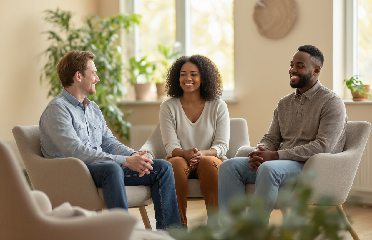 Create a realistic image of a diverse group of people including a white male, black female, and Hispanic male sitting in a comfortable, bright therapy room or support group setting, with warm natural lighting streaming through windows, showing genuine smiles and expressions of hope and recovery, comfortable seating arranged in a circle, peaceful and uplifting atmosphere with soft colors and plants in the background creating a sense of healing and transformation, absolutely NO text should be in the scene.