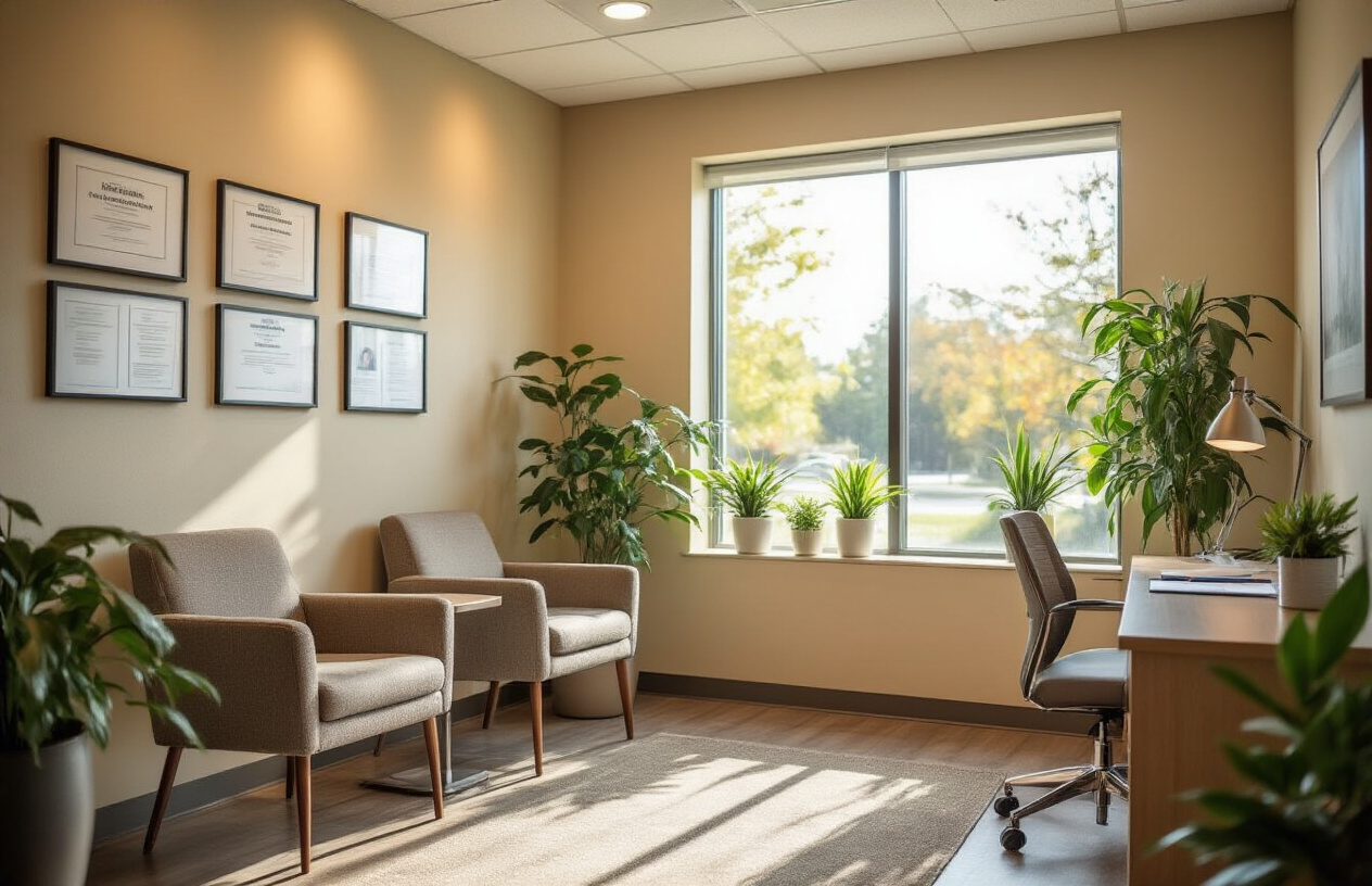 Create a realistic image of a clean, professional medical consultation room with warm lighting, featuring a comfortable seating area with modern chairs, medical certificates and credentials displayed on the wall, a desk with informational brochures about treatment options, potted plants adding a calming atmosphere, and soft natural light streaming through a window, conveying trust, safety, and accessibility for addiction treatment services. Absolutely NO text should be in the scene.
