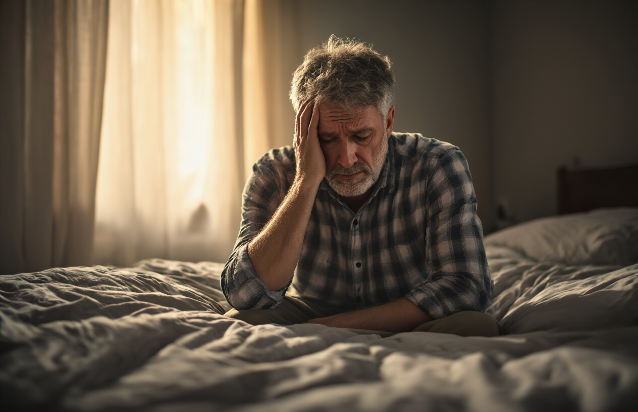 Create a realistic image of a contemplative middle-aged white male sitting on the edge of a bed in a dimly lit bedroom, head in hands showing uncertainty and fear, with soft natural light filtering through partially closed curtains, creating a moody atmosphere that conveys internal struggle and the weight of making a difficult life decision, with muted colors and shadows emphasizing the emotional gravity of the moment, absolutely NO text should be in the scene.